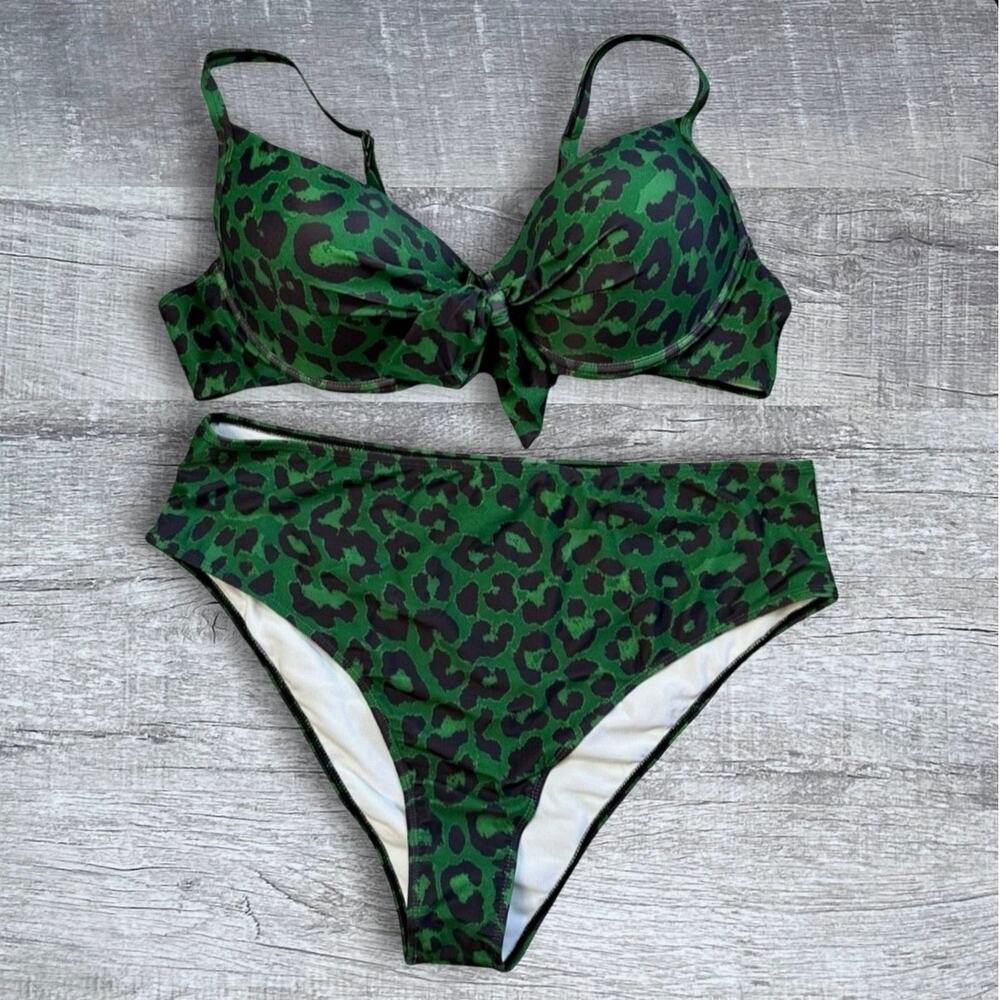 NEW Green Leopard Knot Front Push Up Bikini Swimsuit Plus 3X High Waist Bottom